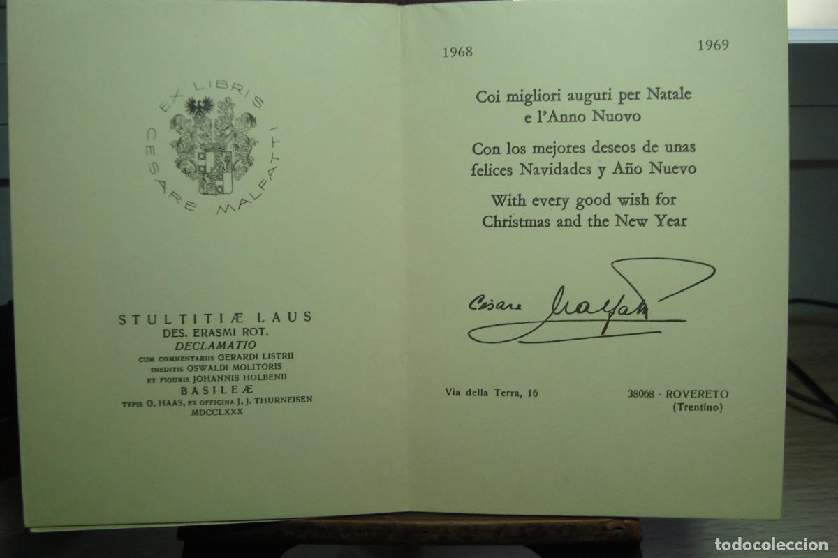 Documentos antiguos: ANTIGUA TARJETA NAVIDAD. EX LIBRIS CESARE MALFATTI. ROVERETO TRENTINO ITALIA 1968