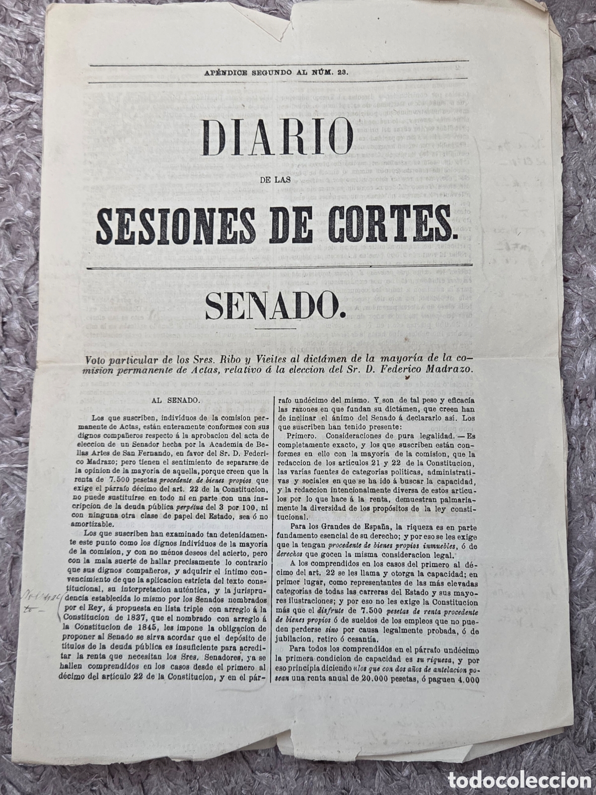 Documenti antichi: SENADO 1877 VOTO PARTICULAR ELECCI&Oacute;N FEDERICO MADRAZO SENADOR BELLAS ARTES