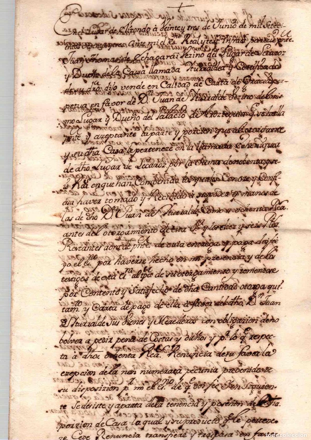 Documentos antiguos: DOCUMENTO DE VENTA DE UNA PORCION DE CASA. LECAROZ. NAVARRA. A&Ntilde;O 1763