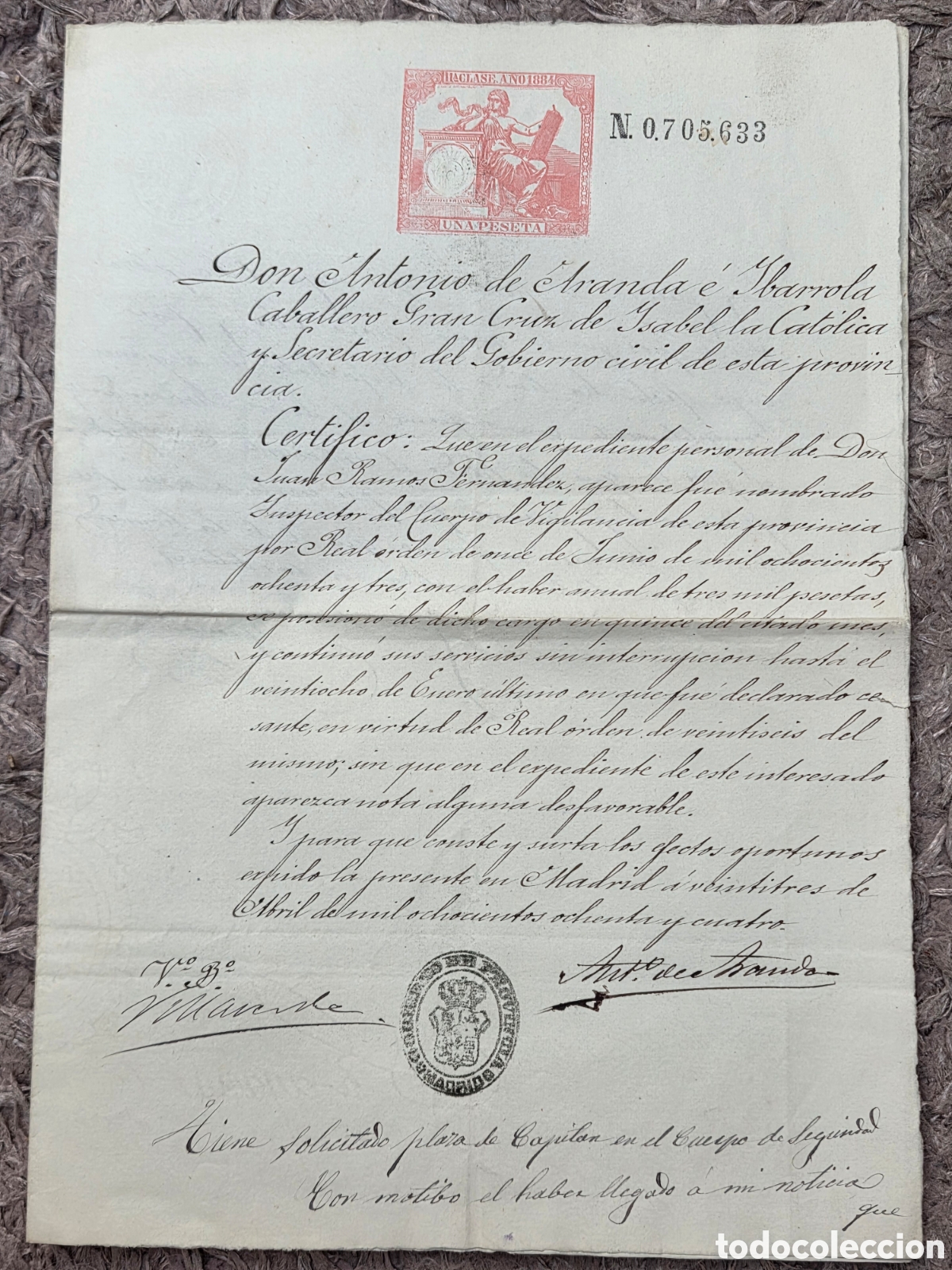 Alte Dokumente: 1884 CERTIFICADO De INSPECTOR DEL CUERPO DE VIGILANCIA