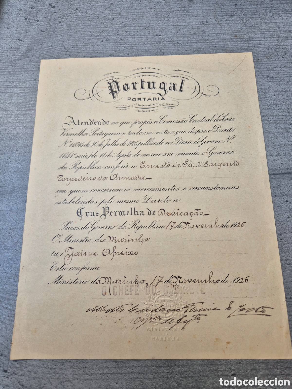 Documentos antiguos: Documento Hist&oacute;rico / Portaria Militar - Cruz Vermelha (1926) - Marinha