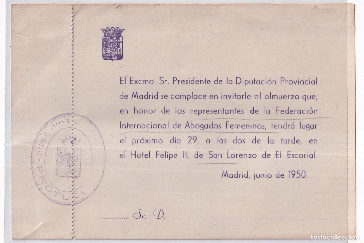 Alte Dokumente: Invitaci&oacute;n almuerzo Federaci&oacute;n internacional de abogados femeninos San Lorenzo del Escorial Madrid