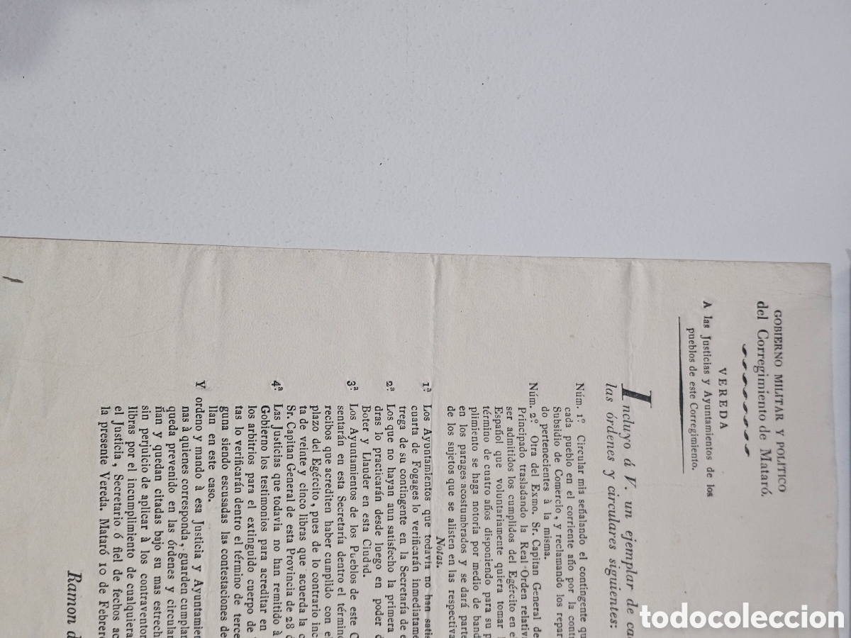 Documentos antiguos: ​Documento Hist&oacute;rico Matar&oacute; 1834 - Bando/Vereda del Corregimiento - Ram&oacute;n de Fox&aacute; - Primera Guerra C