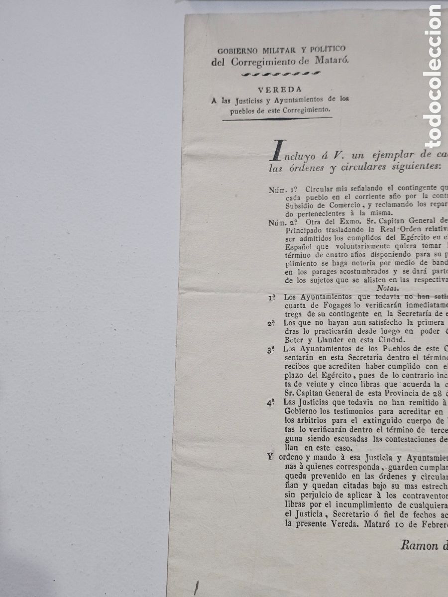 Documentos antiguos: ​Documento Hist&oacute;rico Matar&oacute; 1834 - Bando/Vereda del Corregimiento - Ram&oacute;n de Fox&aacute; - Primera Guerra C
