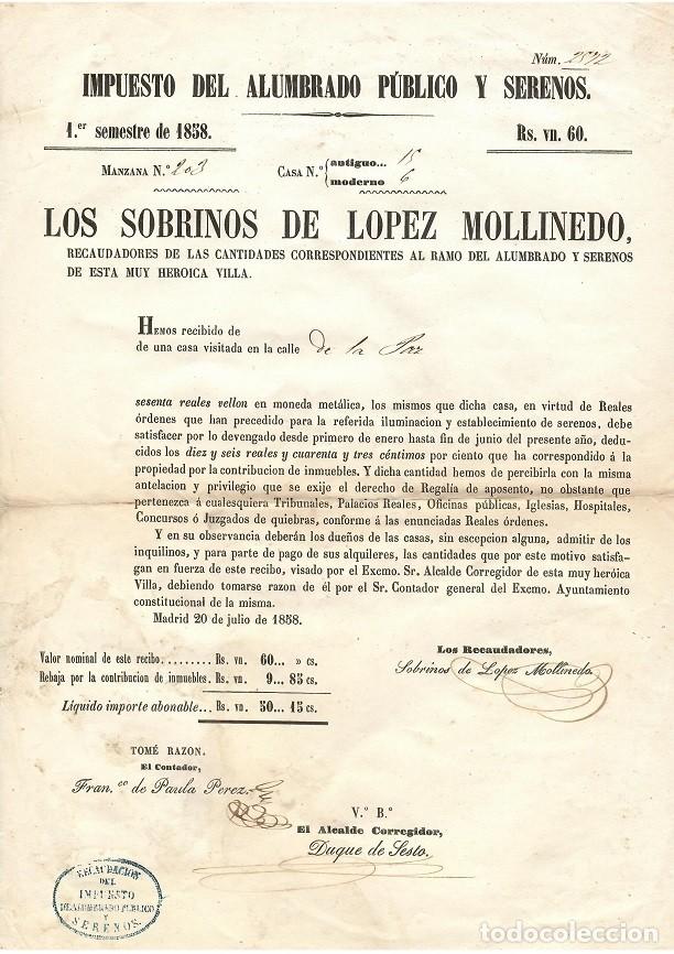 Documents Anciens: Impuesto del Alumbrado P&uacute;blico y Serenos 1er semestre de 1858 - Los Sobrinos de L&oacute;pez Mollinedo