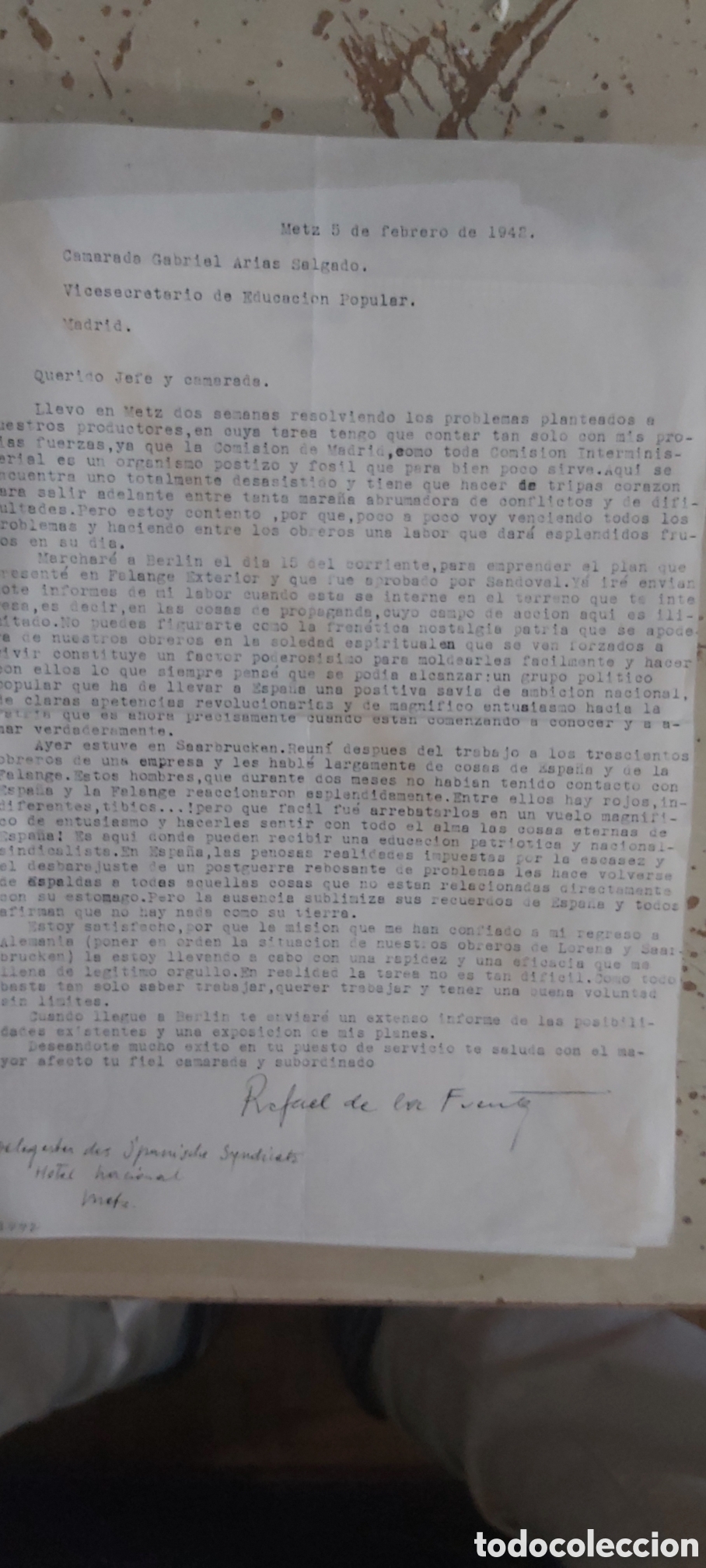 Documentos antiguos: CARTA DE RAFAEL DE LA FUENTE AL CAMARADA GABRIEL ARIAS SALGADO. DLGDO SPANISCHE SYNDICATS. 1942 METZ