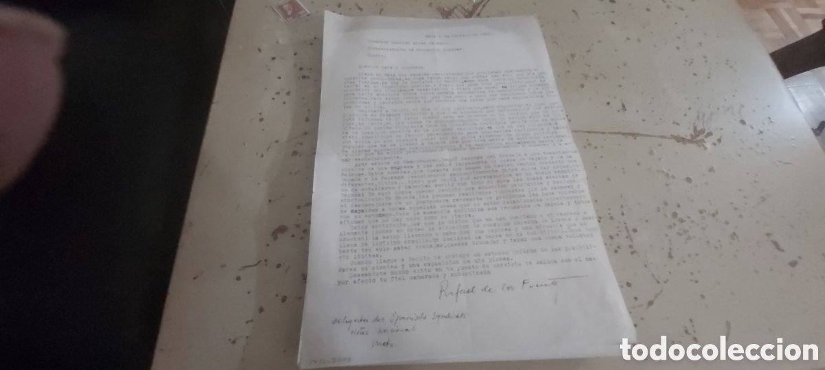 Documentos antiguos: CARTA DE RAFAEL DE LA FUENTE AL CAMARADA GABRIEL ARIAS SALGADO. DLGDO SPANISCHE SYNDICATS. 1942 METZ