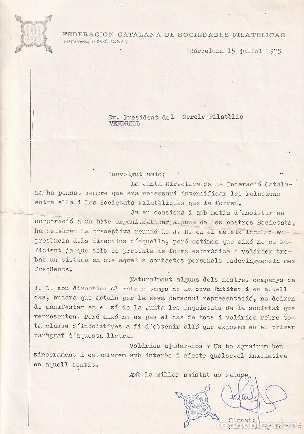 Old Documents: 1975 / De la Federaci&oacute;n Catalana de Sociedades Filat&eacute;licas al Cercle Filat&egrave;lic Vendrell - En catal&agrave;