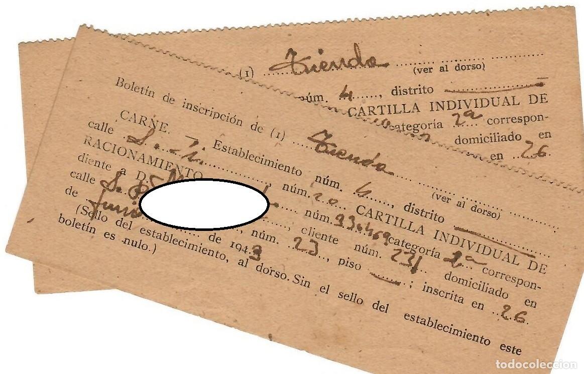 Documentos antigos: Posguerra Espa&ntilde;ola 1943 - 2 Boletines Inscripci&oacute;n Tienda de Carne - Racionamiento Serie L