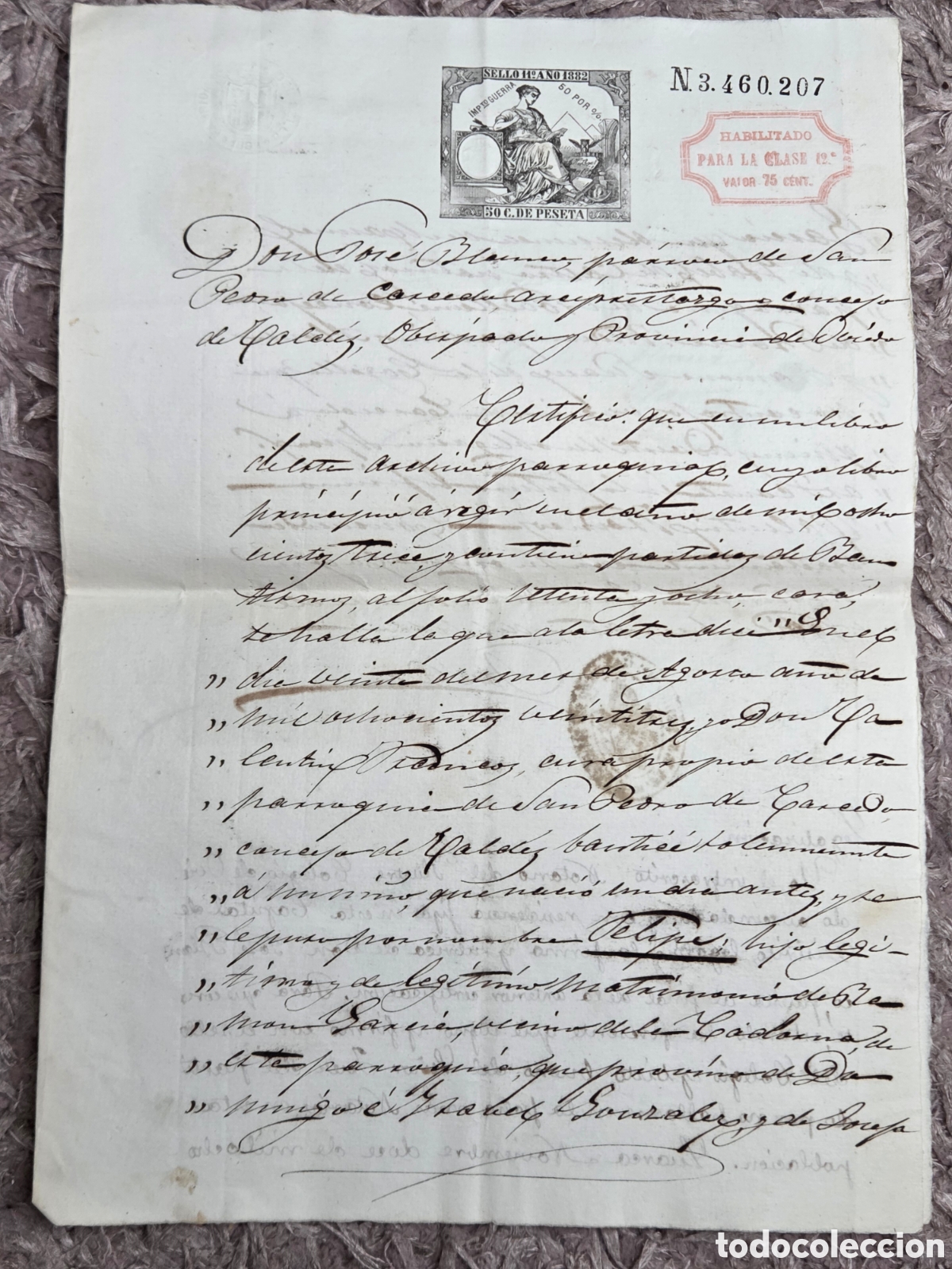 Old Documents: LUARCA. ASTURIAS 1882 PARTIDA DE NACIMIENTO Sello Habilitado clase 12&deg;