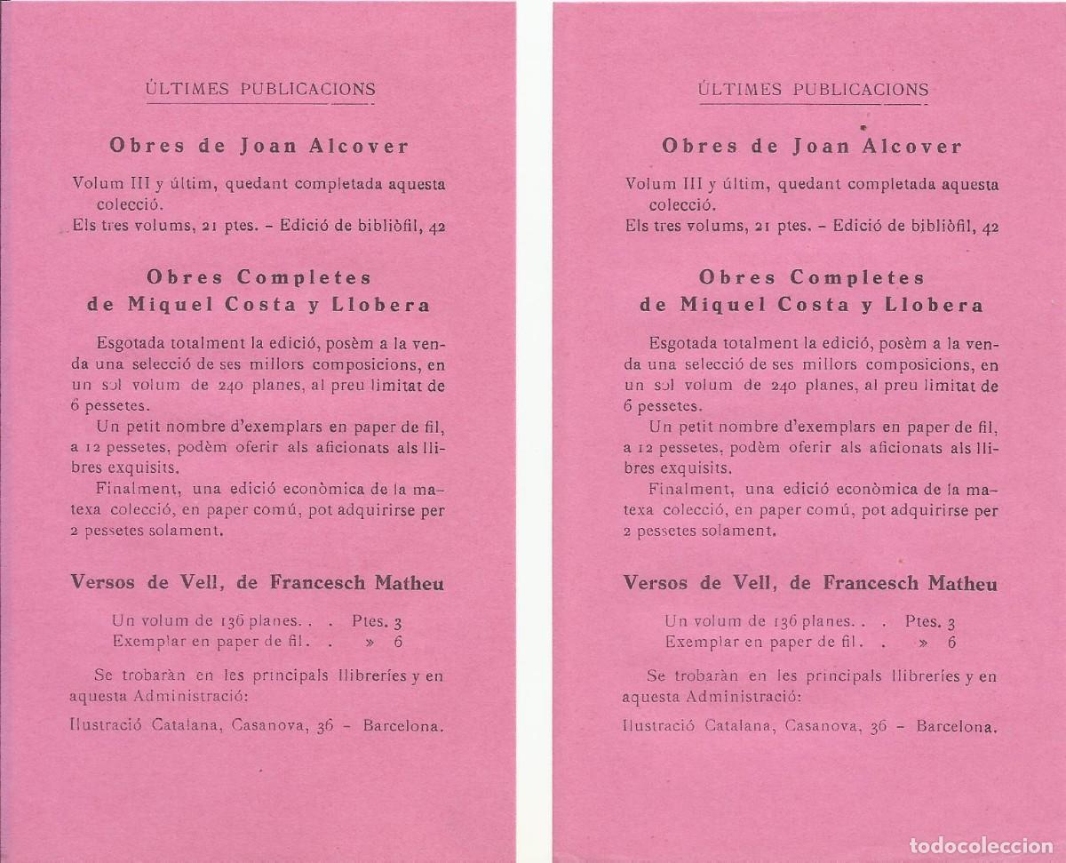 Documentos antiguos: Dos folletos Obras Joan Alcover. Miquel Costa y Llovera. Francesc Matheu. Ilustraci&oacute; Catalana 1906.