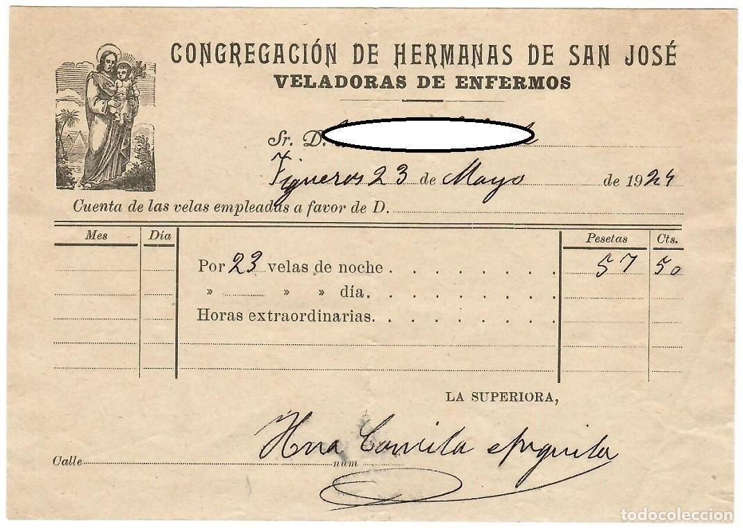 Documentos antiguos: Figueres 1924 - Recibo Hermanas San Jos&eacute;: 23 noches velando enfermos - Documento M&eacute;dico/Religioso