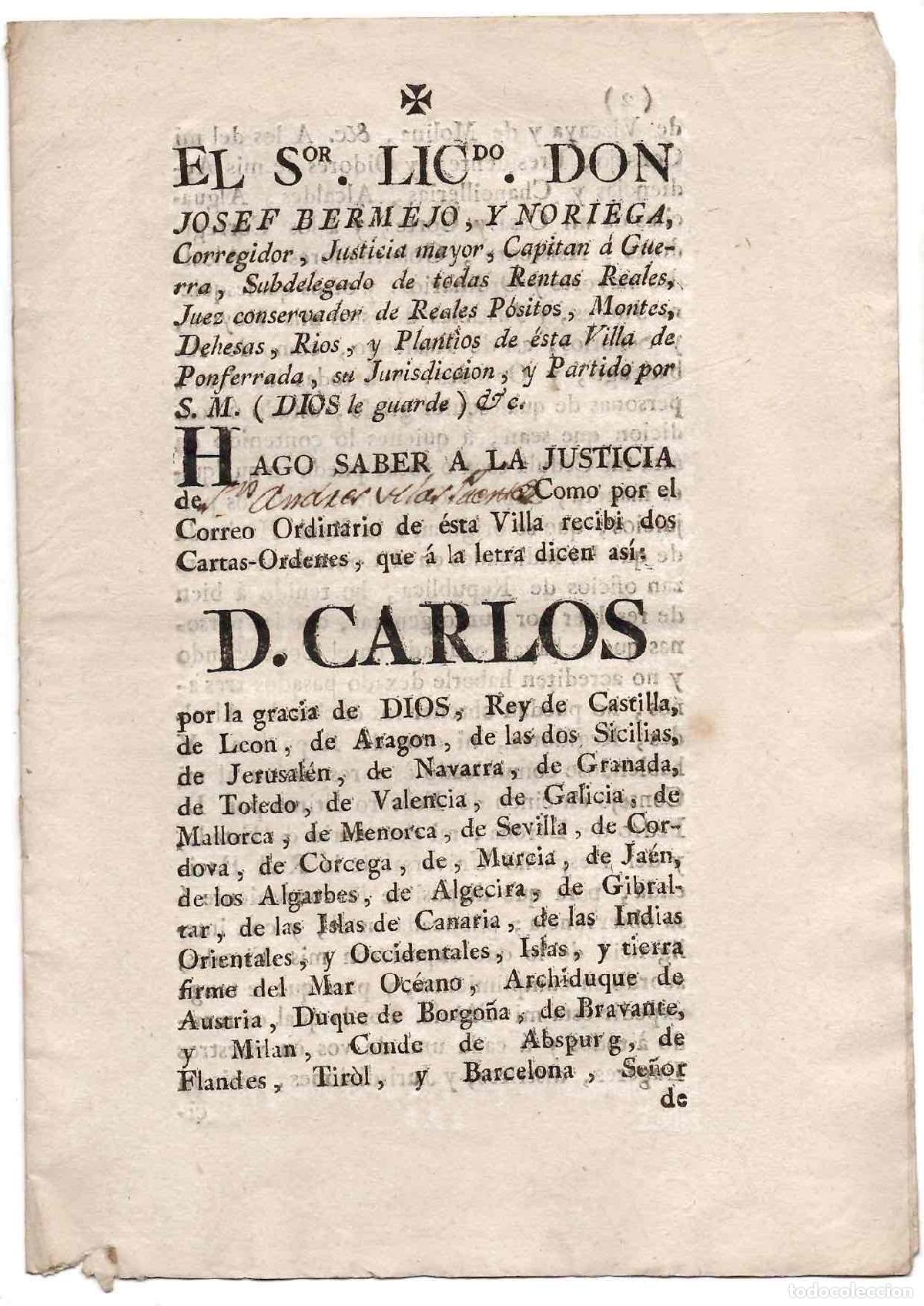 Documentos antiguos: REAL CEDULA CARLOS IV SOBRE REGULACION DE CONTRABANDO Y DE ALHAJAS DE ORO. PONFERRADA, 1790