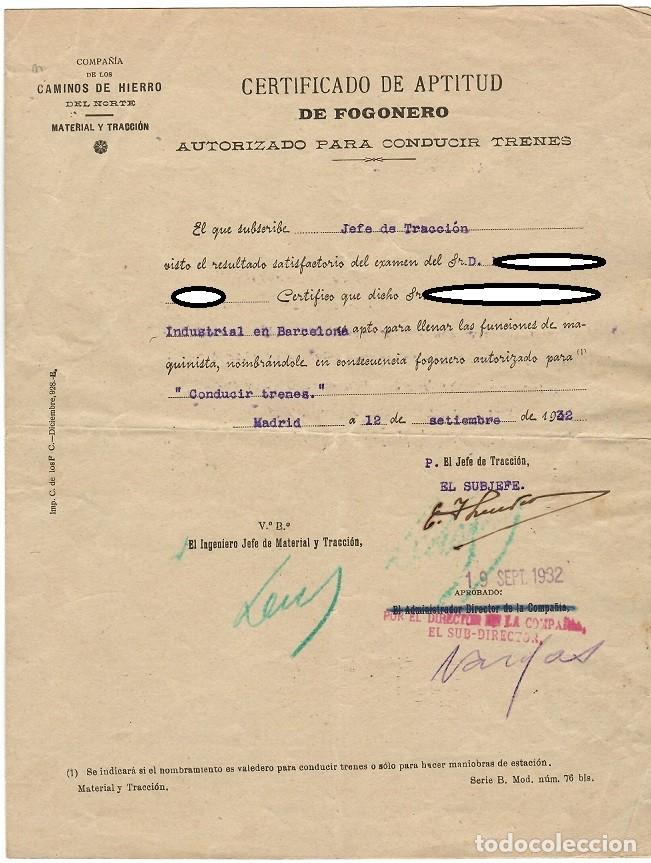 Documentos antigos: 1932 Certificado de aptitud de fogonero autorizado para conducir trenes - Cia. Caminos de Hierro &hellip;
