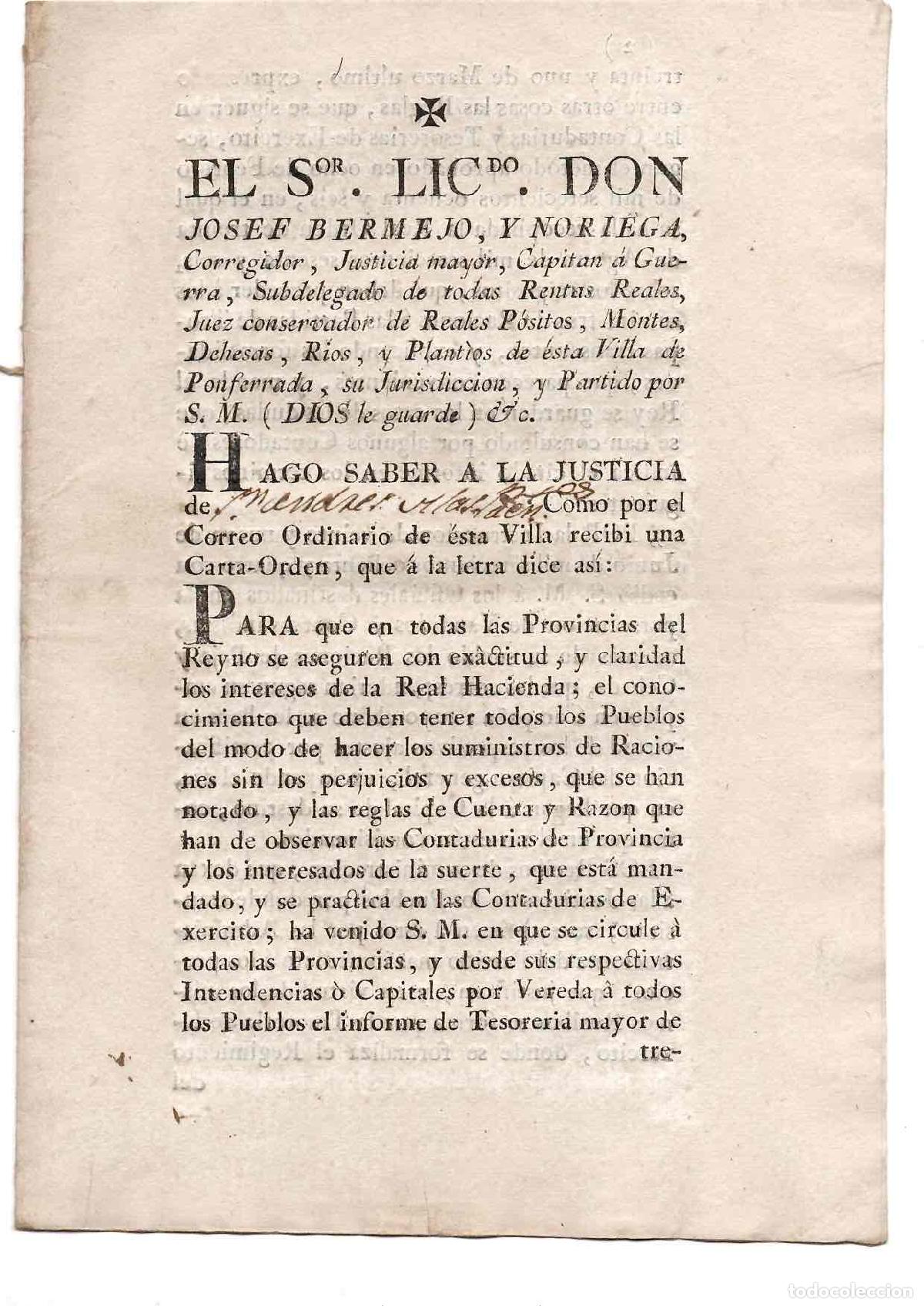 Documentos antiguos: REAL CEDULA CARLOS IV SOBRE REGULACION DE SUMINISTROS DE RACIONES PAJA Y CEBADA. PONFERRADA, 1790
