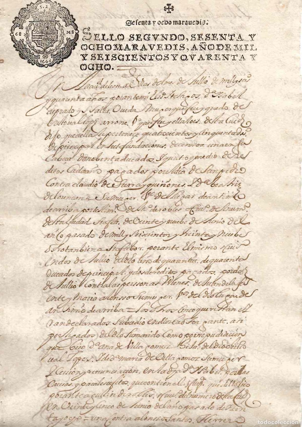 Documentos antiguos: HOJA PAPEL TIMBRADO SELLO 2&ordm; 68 MARAVEDIS, A&Ntilde;O 1648
