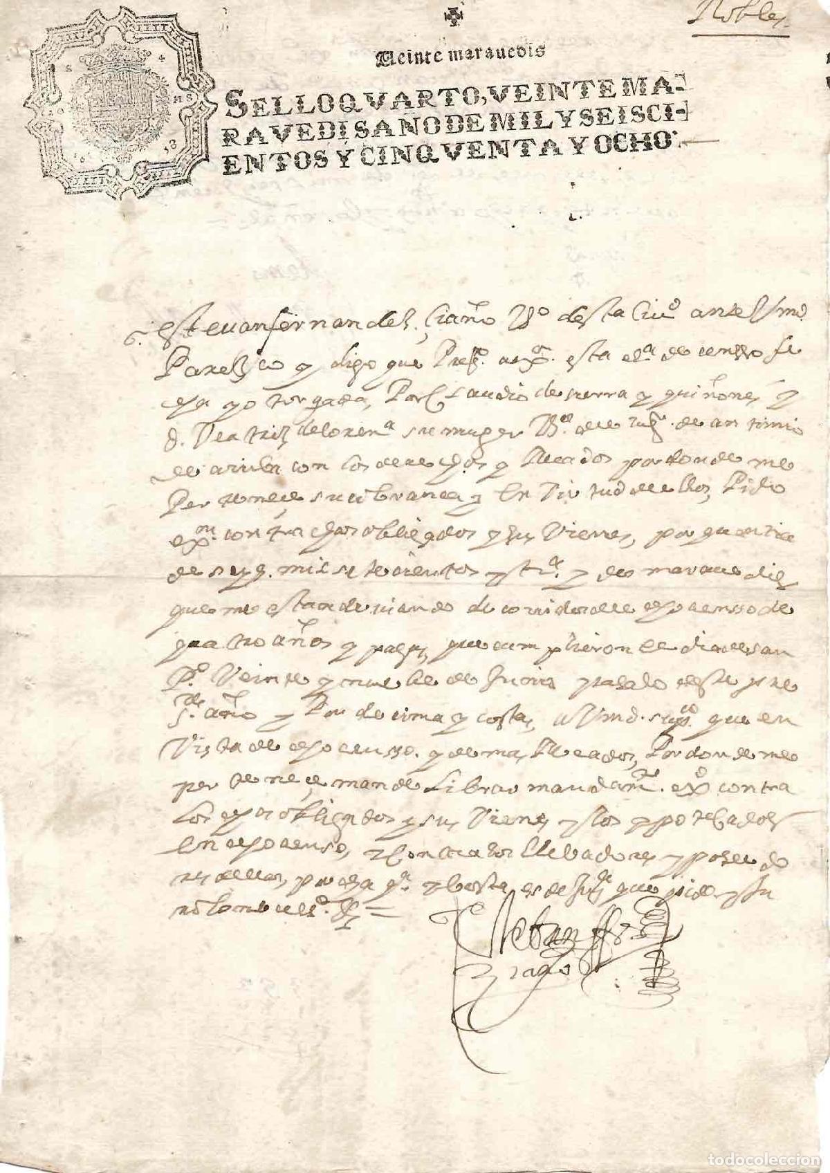 Documentos antiguos: HOJA PAPEL TIMBRADO SELLO 4&ordm; 20 MARAVEDIS, A&Ntilde;O 1658