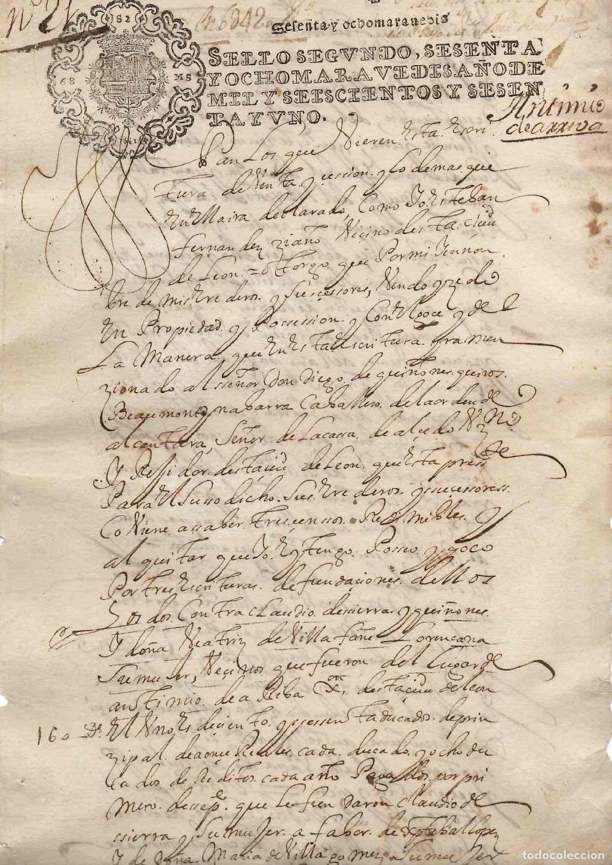 Documentos antiguos: HOJA PAPEL TIMBRADO SELLO 2&ordm; 68 MARAVEDIS, A&Ntilde;O 1661