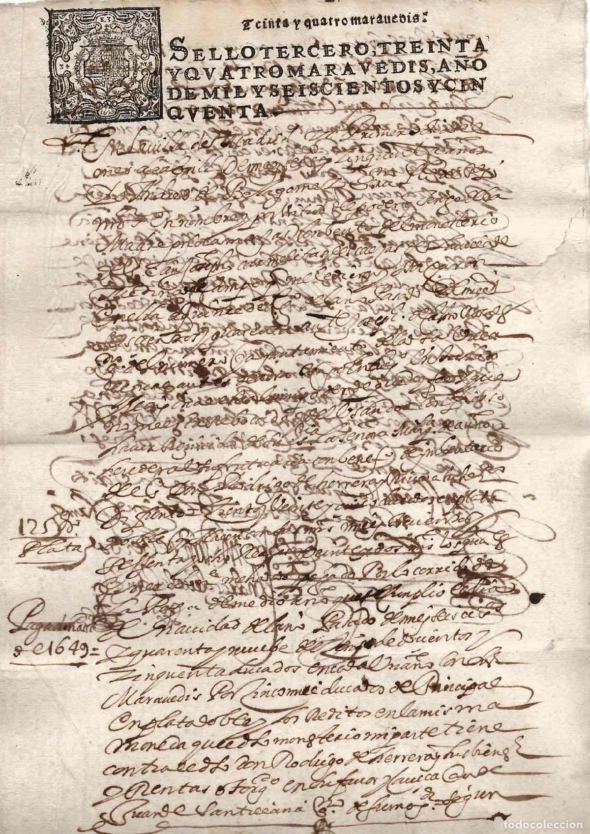 Documentos antiguos: HOJA PAPEL TIMBRADO SELLO 3&ordm; 34 MARAVEDIS, A&Ntilde;O 1650