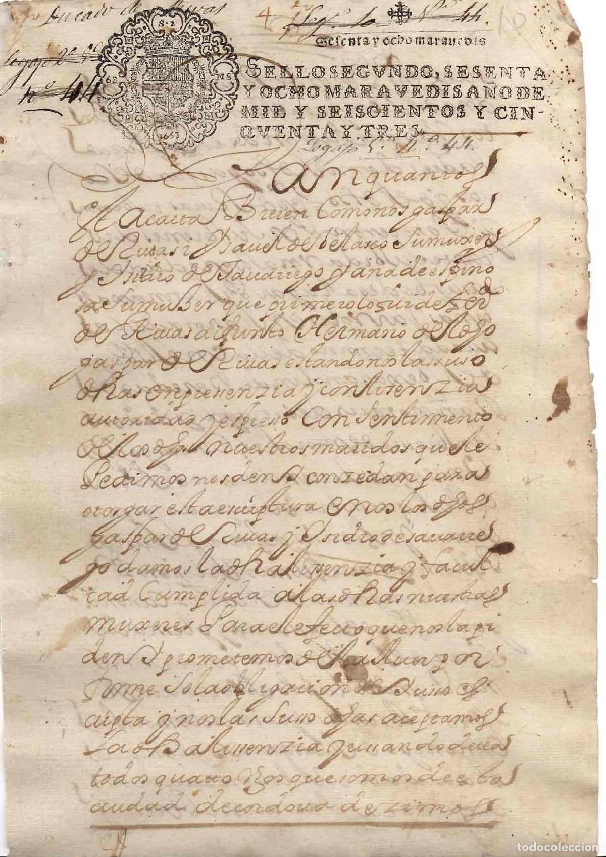 Documentos antiguos: HOJA PAPEL TIMBRADO SELLO 2&ordm; 68 MARAVEDIS, A&Ntilde;O 1653