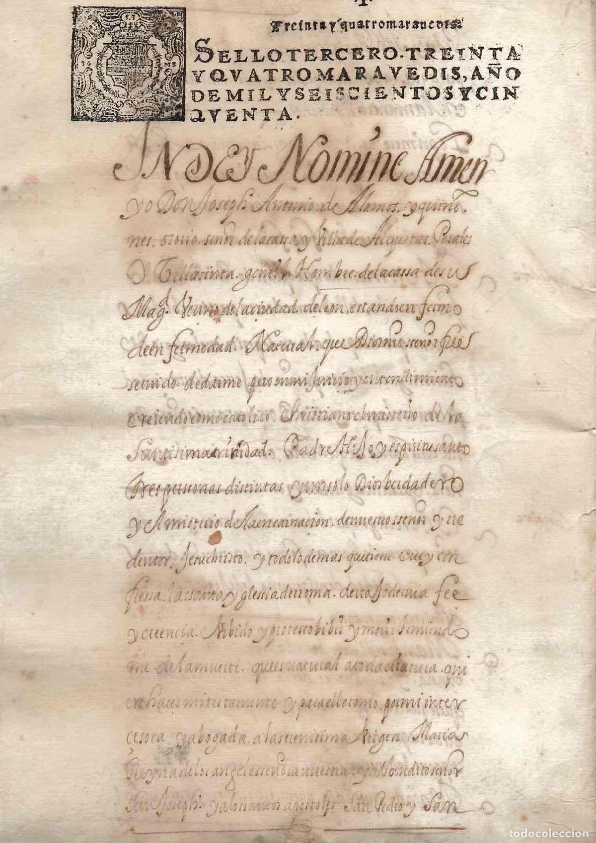 Documentos antiguos: HOJA PAPEL TIMBRADO SELLO 3&ordm; 34 MARAVEDIS, A&Ntilde;O 1650