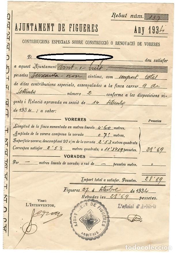 Old Documents: Rebut Ajuntament de Figueres any 1934: Contribuci&oacute; especial sobre construcci&oacute; o renovaci&oacute; de voreres