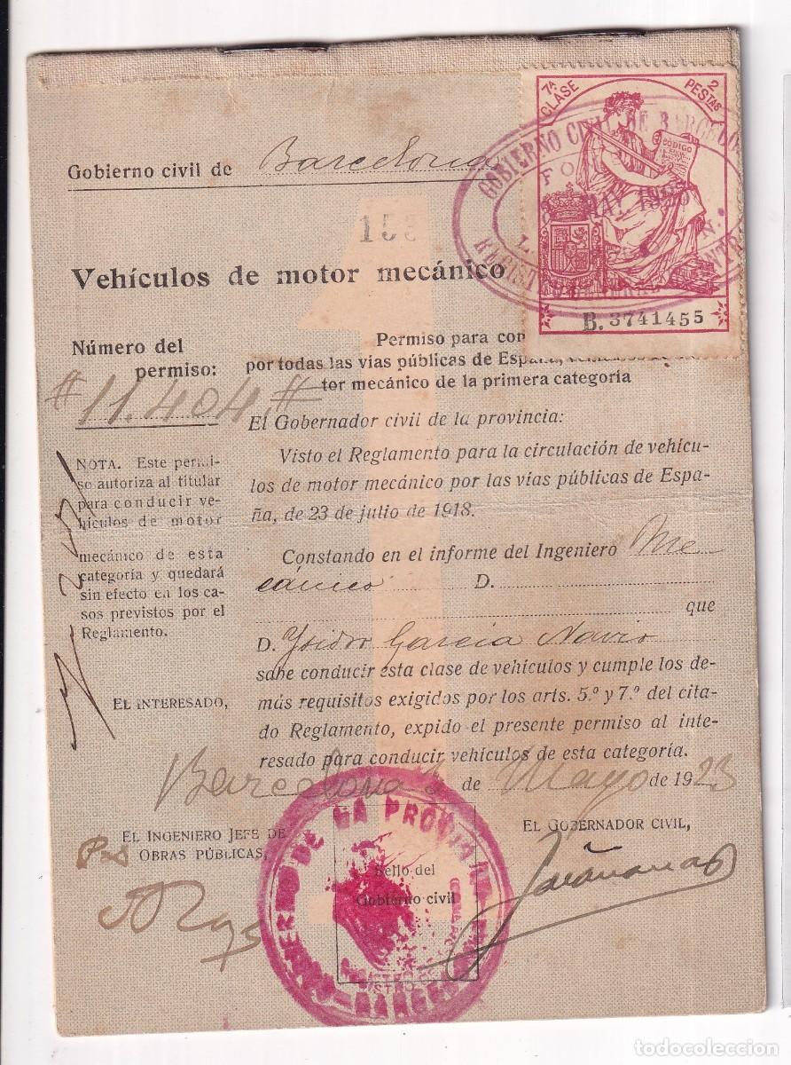 Documentos antigos: Veh&iacute;culos de motor mec&aacute;nico. Gobierno Barcelona, permiso conducci&oacute;n 1923
