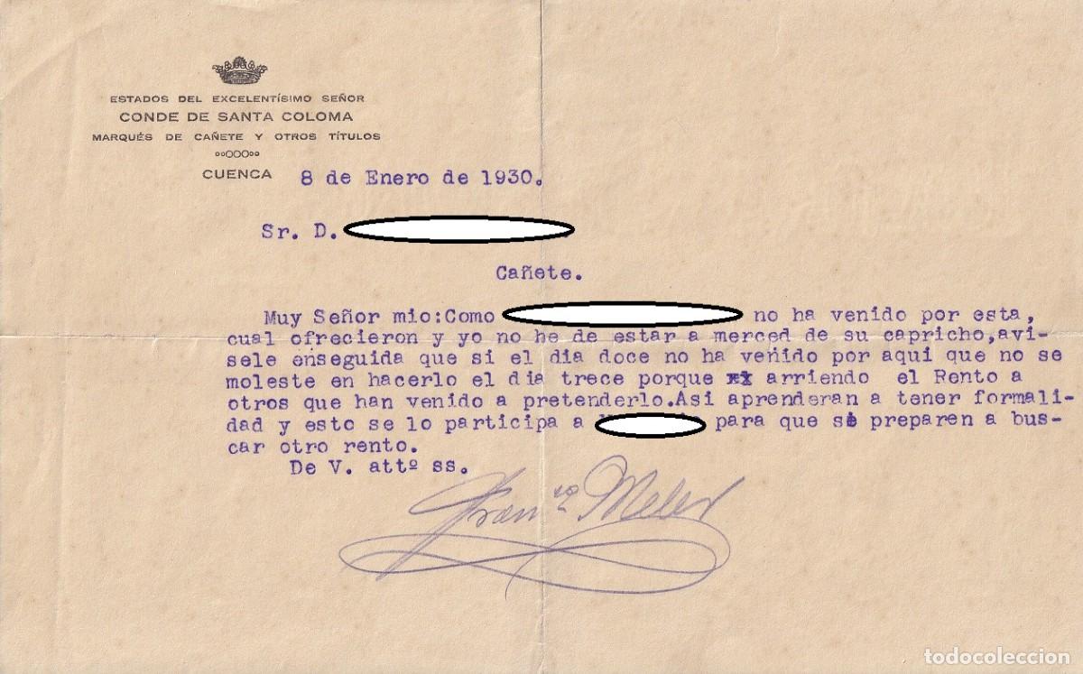 Alte Dokumente: Cuenca 1930 Ultim&aacute;tum para arriendo - Estados del Excmo Se&ntilde;or Conde de Santa Coloma Marqu&eacute;s Ca&ntilde;ete..