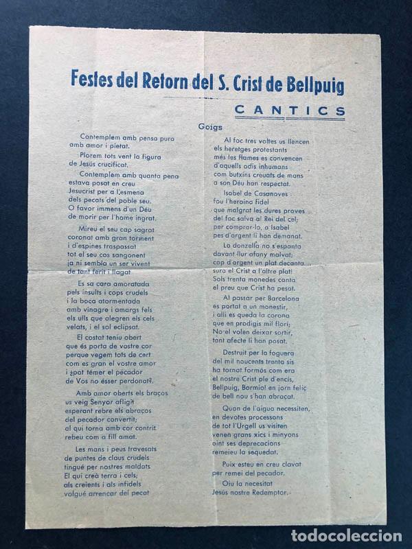 Documentos antiguos: FESTES DEL RETORN DEL S. CRIST DE BELLPUIG / GOIGS / CANTICS / LLEIDA