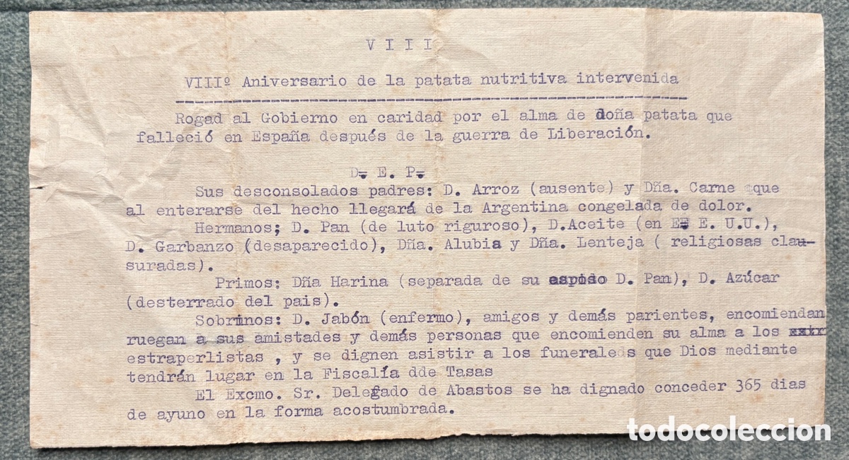 Alte Dokumente: (L998) PASQU&Iacute;N SAT&Iacute;RICO DE POSGUERRA - &rdquo;VIII&ordm; Aniversario de la patata nutritiva intervenida&rdquo;