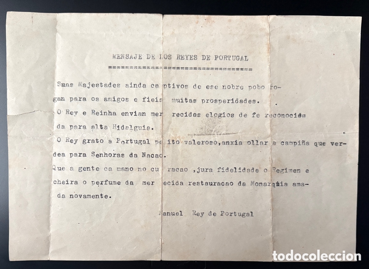 Alte Dokumente: (L999) Panfleto Sat&iacute;rico Clandestino (1910-40): &rdquo;Mensaje de los Reyes de Portugal&rdquo; - Texto Trampa
