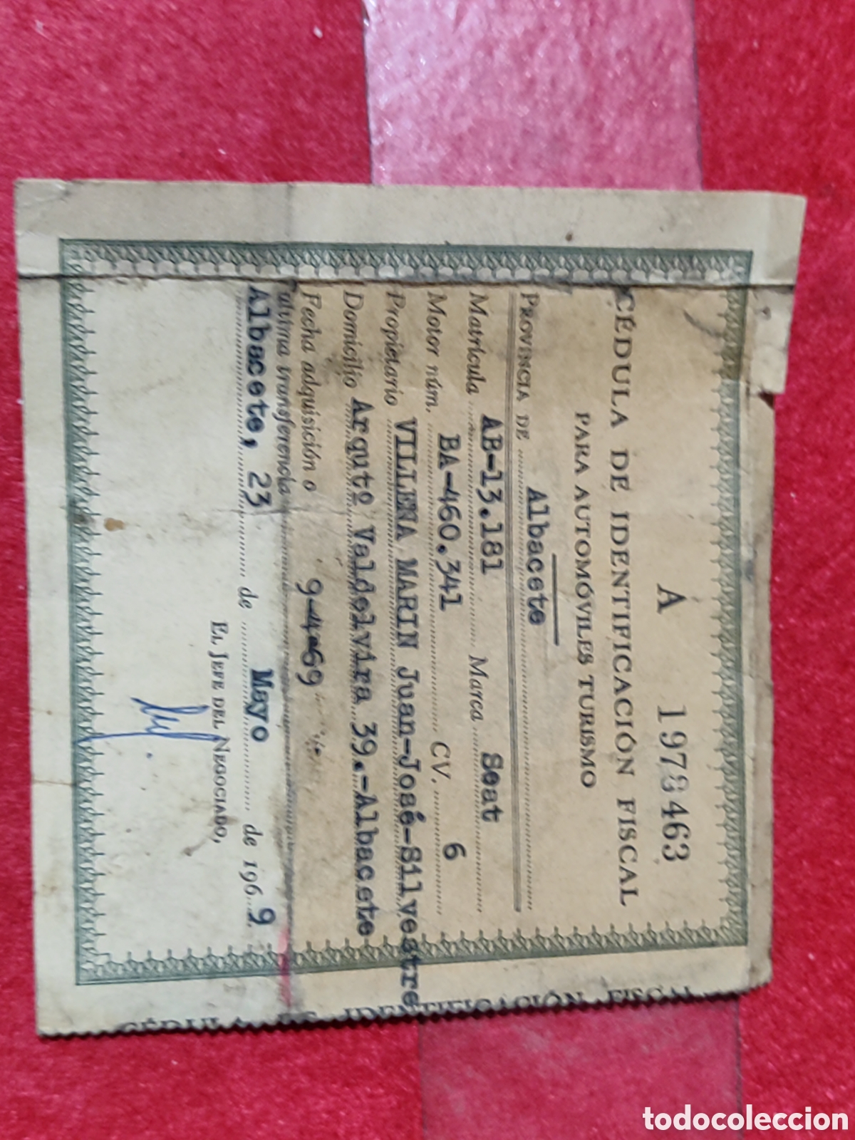 Alte Dokumente: C&eacute;dula de identificaci&oacute;n fiscal para autom&oacute;viles turismo SEAT Matr&iacute;cula AB 13181 MAYO 1969