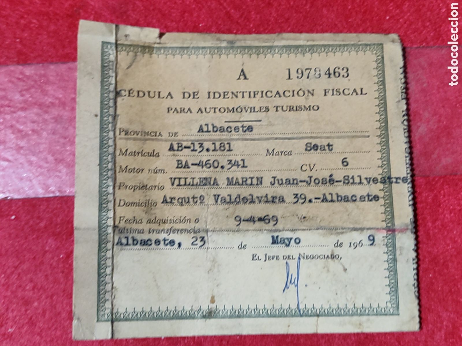 Documentos antiguos: C&eacute;dula de identificaci&oacute;n fiscal para autom&oacute;viles turismo SEAT Matr&iacute;cula AB 13181 MAYO 1969