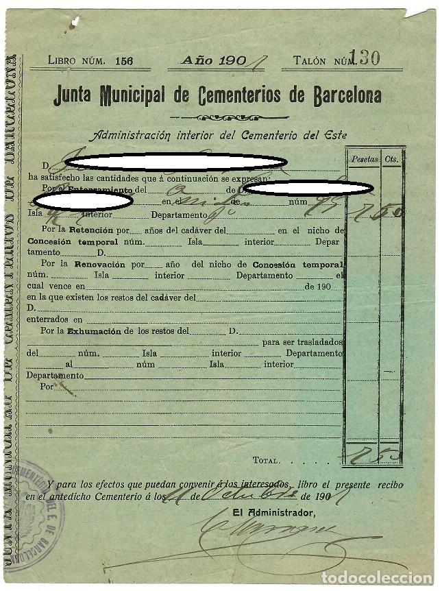 Documents Anciens: Tasa de cementerio A&ntilde;o 1901 - Junta Municipal de Cementerios de Barcelona Ad. Cementerio del Este