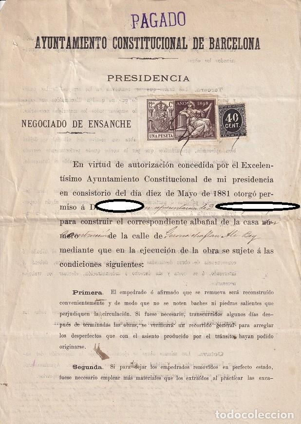Alte Dokumente: Barcelona 1898 - Ayuntamiento Constitucional - Permiso de Alba&ntilde;al Negociado de Ensanche (Eixample)
