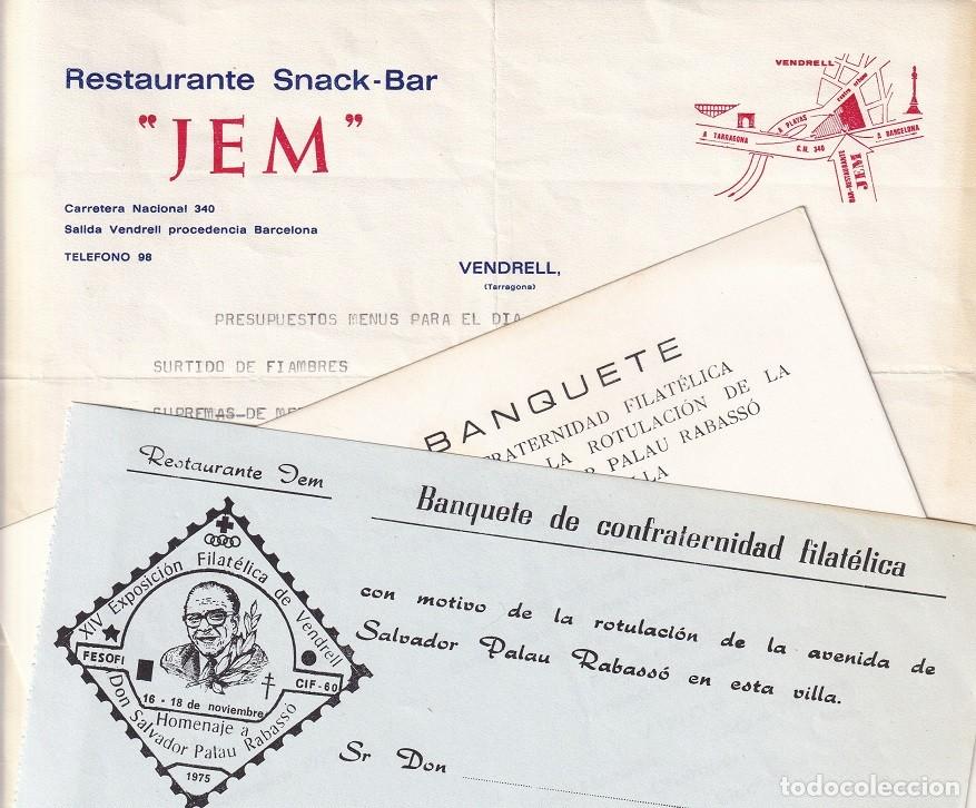 Old Documents: Men&uacute; invitaci&oacute;n y presupuesto Vendrell 1975 / Banquete confraternidad filat&eacute;lica - Salvador Palau R.