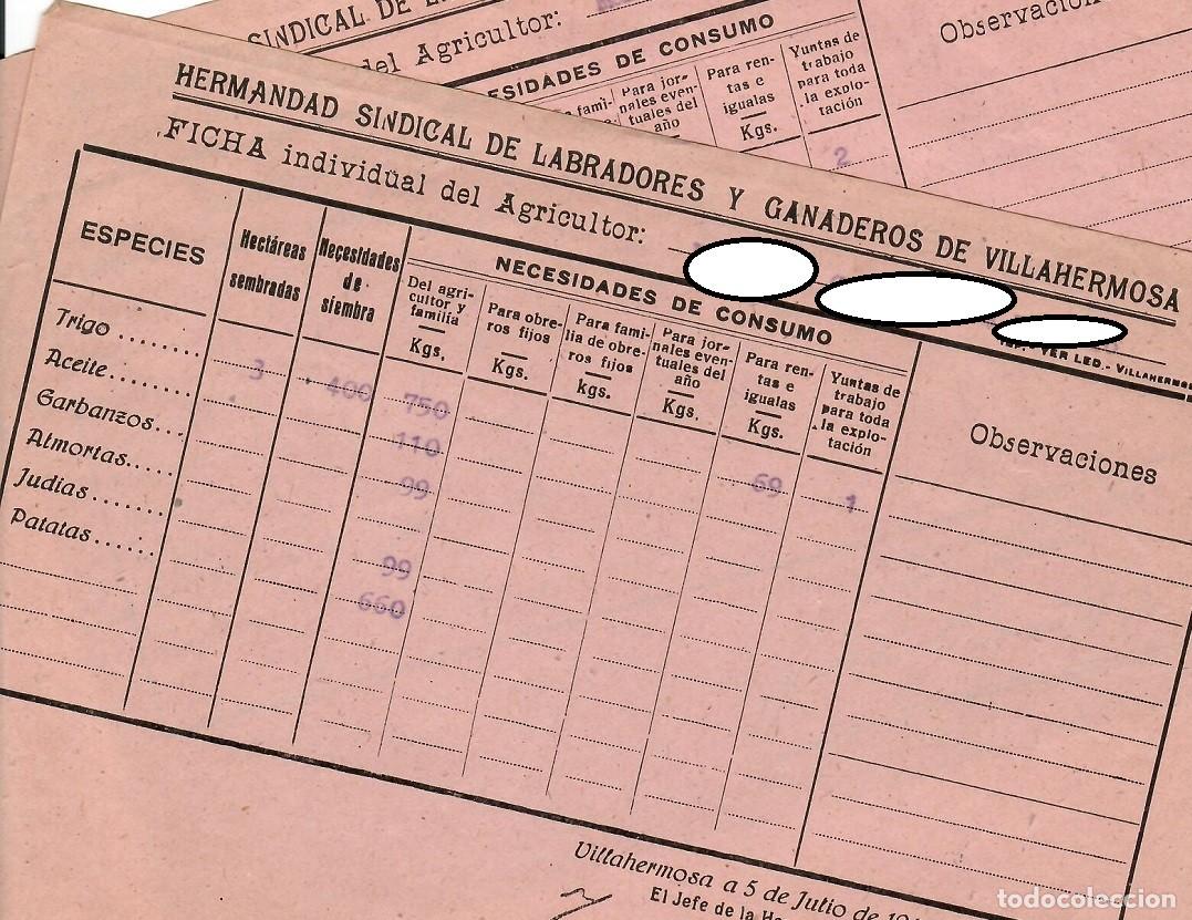 Alte Dokumente: 2 Hojas 1949 Ficha ind. de Agricultor - Hermandad Sindical de Labradores y Ganaderos de Villahermosa