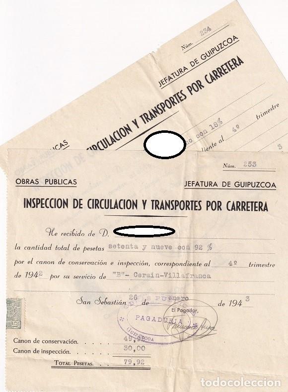 Documentos antigos: 2 Recibos - 1943 / Inspecci&oacute;n de Circulaci&oacute;n y Transportes por Carretera - Jefatura de Guipuzcoa