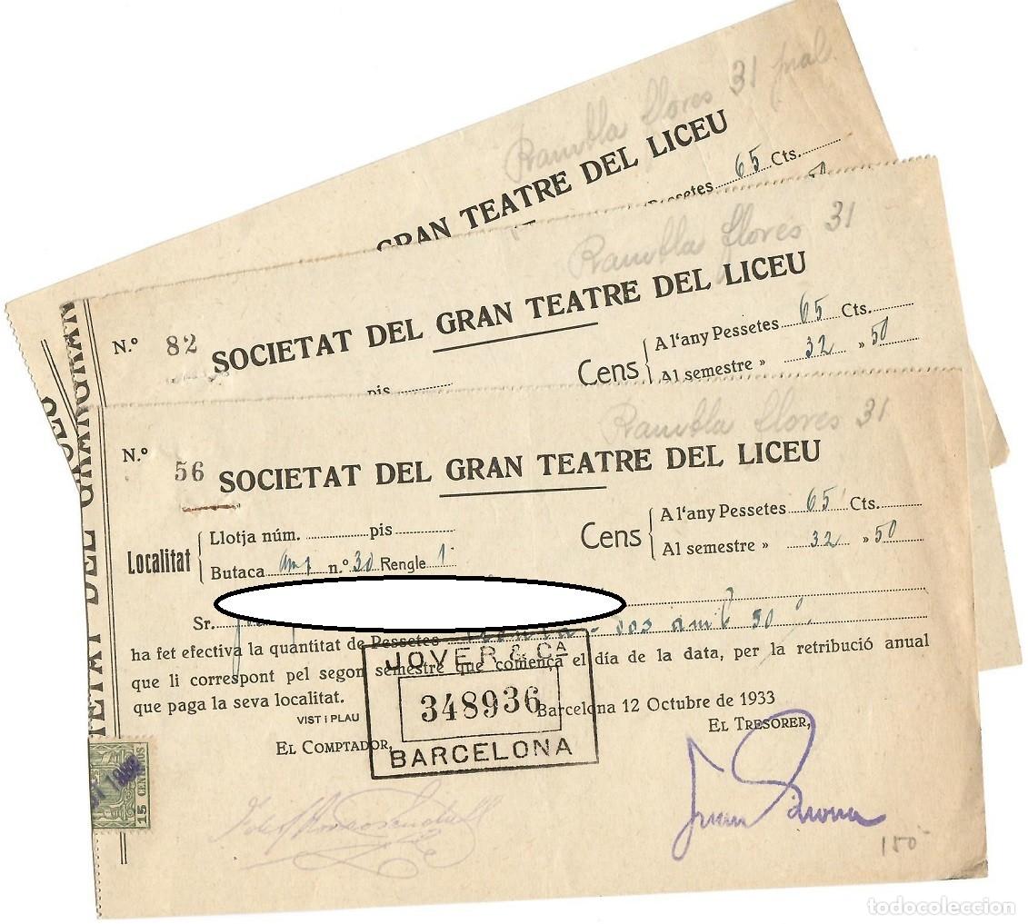 Alte Dokumente: Barcelona 1933 - 3 Recibos Societat Gran Teatre del Liceu - Documentos en Catal&aacute;n (Rep&uacute;blica)