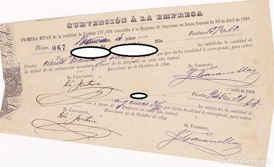 Alte Dokumente: A&ntilde;o 1890 - 2 Recibos Subvenci&oacute;n Teatral - Propiedad Palco - Documento Teatro Siglo XIX / Rareza