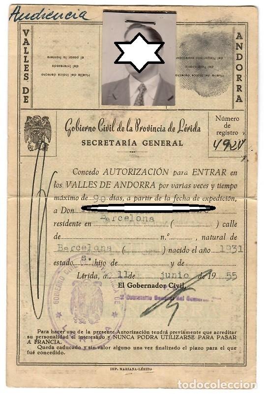 Documentos antigos: Gobierno civil de la provincia de L&eacute;rida 1955 - Autorizaci&oacute;n para entrar en los Valles de Andorra
