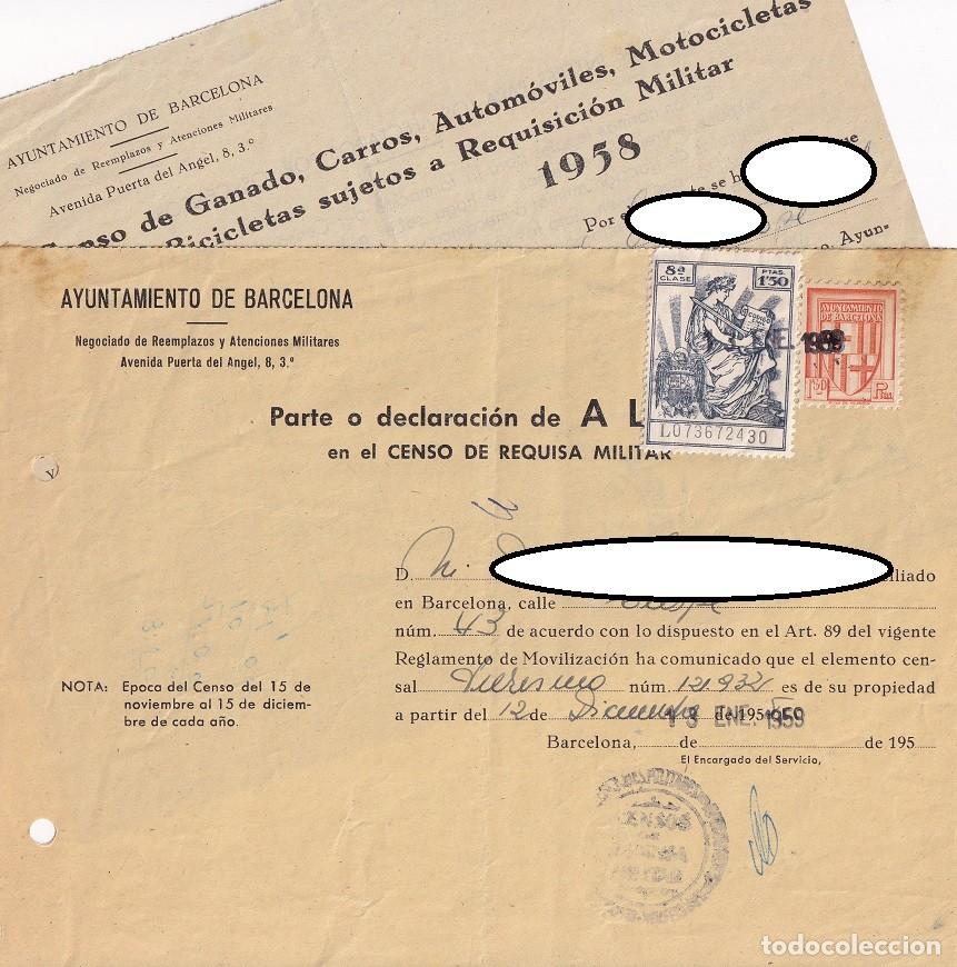 Documentos antigos: 2 Parte o declaraci&oacute;n de Alta en el Censo de Requisa Militar Barcelona A&ntilde;os 1958 y 1959 / Fiscales