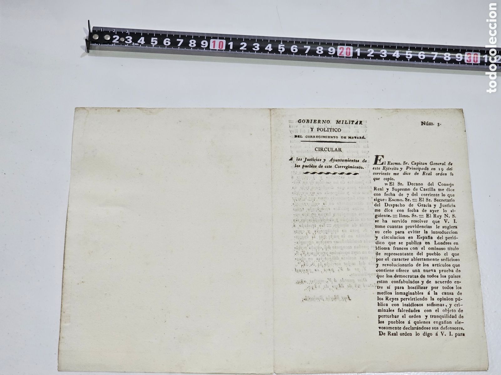 Documentos antiguos: ​Documento Hist&oacute;rico Original (1830) &ndash; Circular Gobierno Militar y Pol&iacute;tico de Matar&oacute; &ndash; Fernando VII