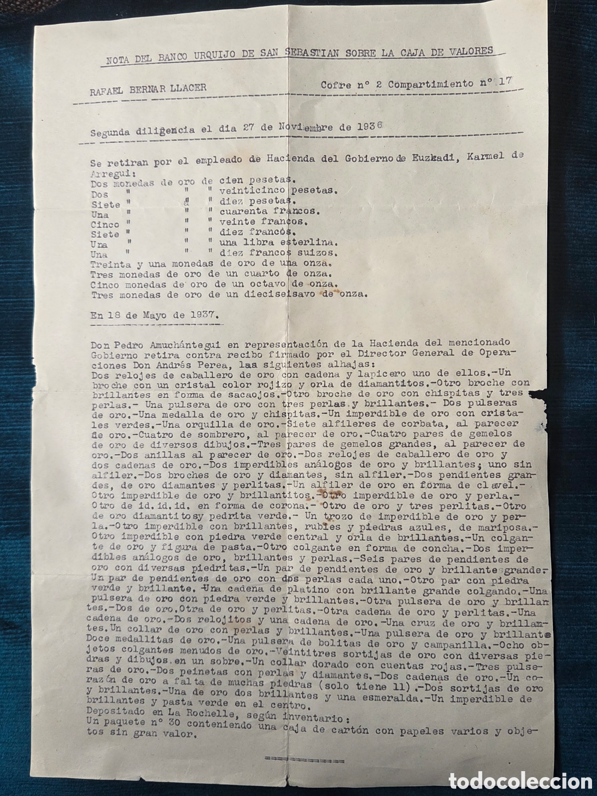Alte Dokumente: GOBIERNO DE EUZKADI INCAUTACI&Oacute;N DEL ORO DE PARTICULARES SAN SEBASTI&Aacute;N 1936 Guerra Civil