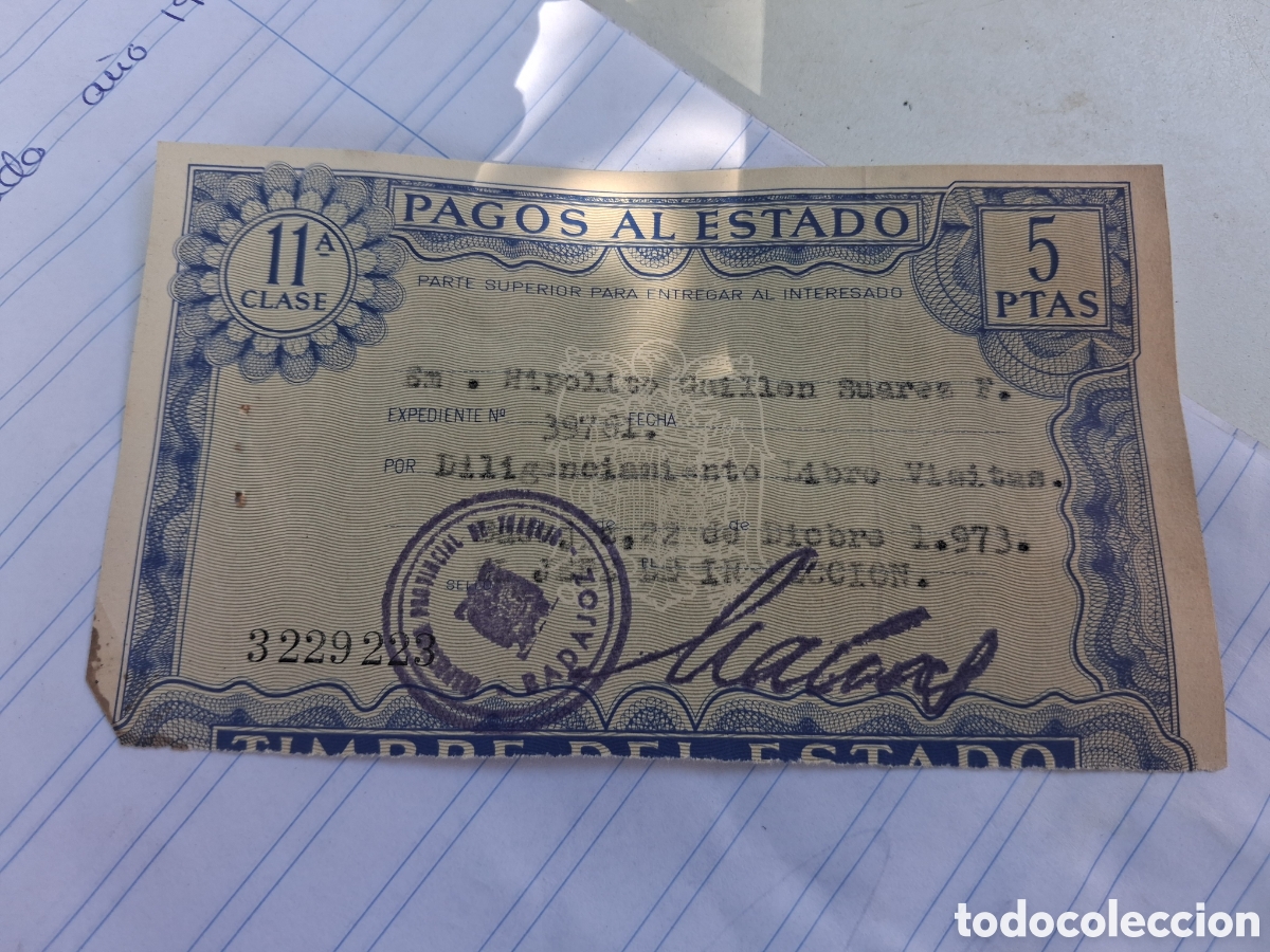 Documentos antiguos: ANTIGUO DOCUMENTO PAGOS AL ESTADO 5 PESETAS - Foto 1