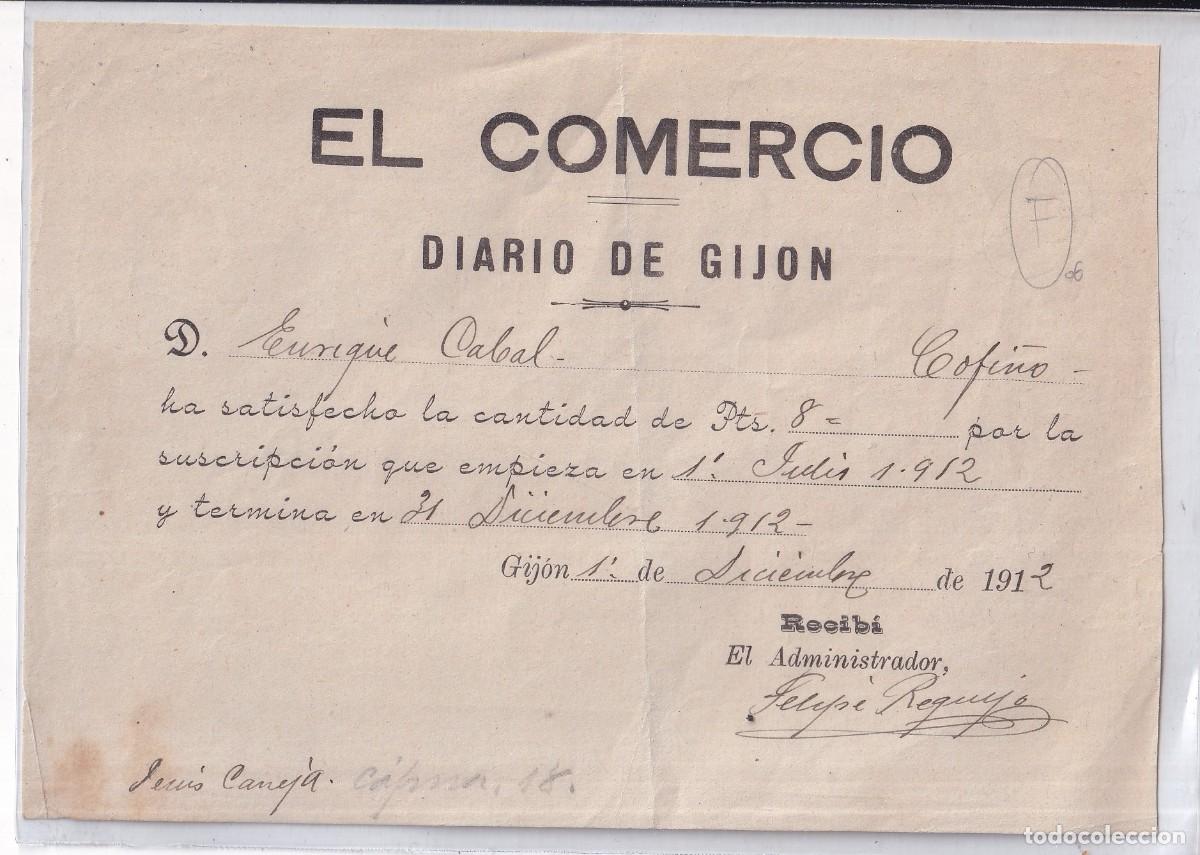 Documentos antigos: El Comercio Diario de Gij&oacute;n recibo firmado por uno de los fundadores. Peri&oacute;dico Felipe Requejo 1912