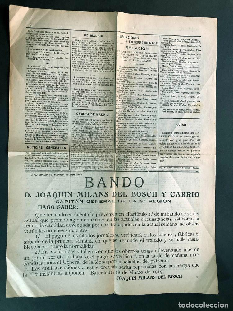 Documentos antiguos: B.O.E. BARCELONA 1919 / BANDO - J. MILANS DEL BOSCH / HUELGA LA CANADIENSE ( CNT ) ESTADO DE GUERRA