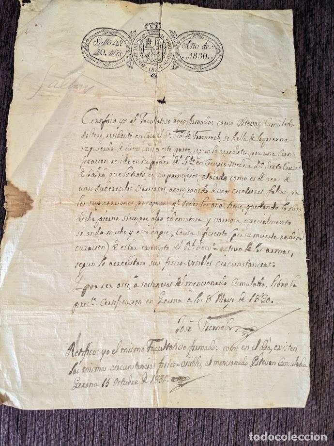 Documentos antiguos: Certificado medico a Estevan Comulada 1830 Gerona