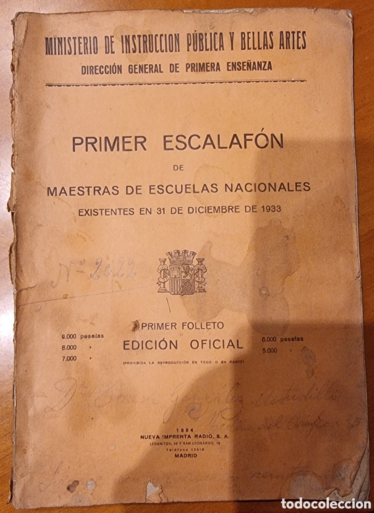 Documentos antiguos: Rep&uacute;blica Espa&ntilde;ola Guerra Civil Escalaf&oacute;n de maestras 1934 documento hist&oacute;rico