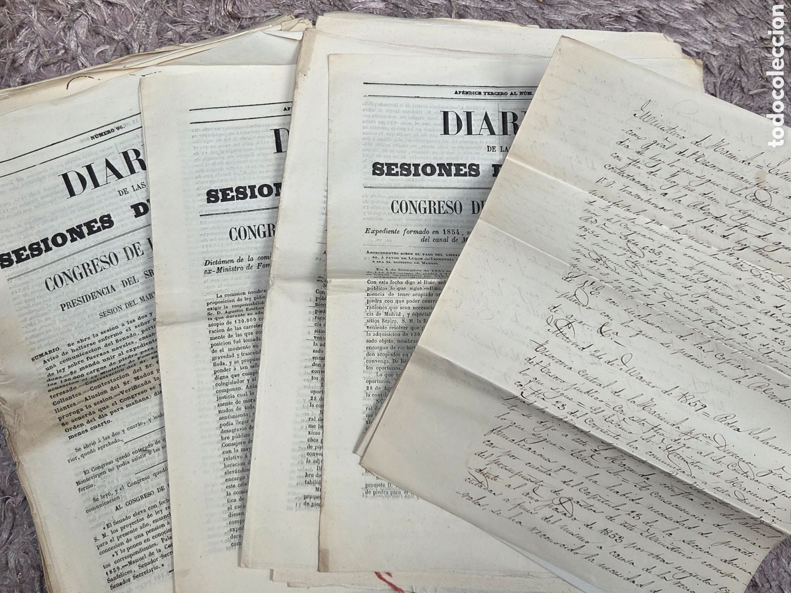 Documentos antigos: MADRID 1853-59 DIARIOS DE LAS SESIONES DE CORTES, ESC&Aacute;NDALO CORRIPCI&Oacute;N PIEDRA PARA EL MANZANARES